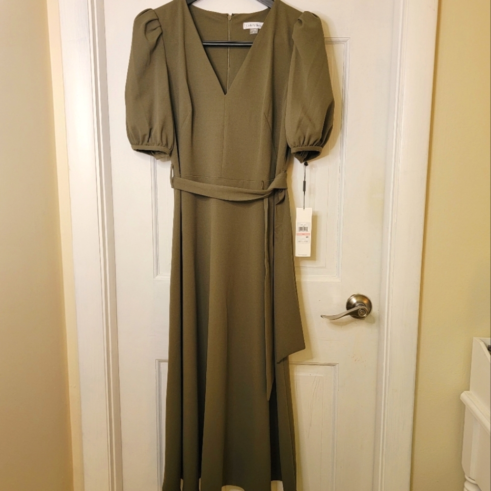 Calvin Klein Olive Green Puff Shoulder Dress. 10.